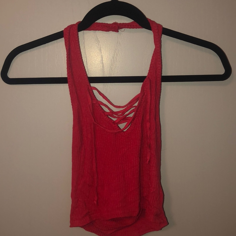 Red lace up crop top